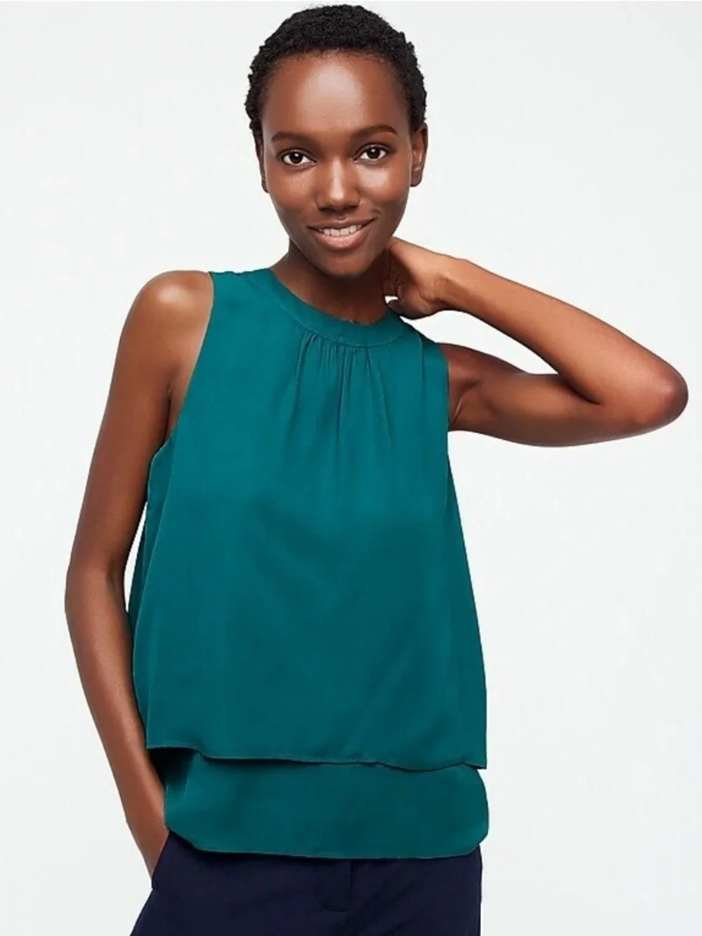 NWT J. CREW black sleeveless tiered drapey blouse, Size 6.